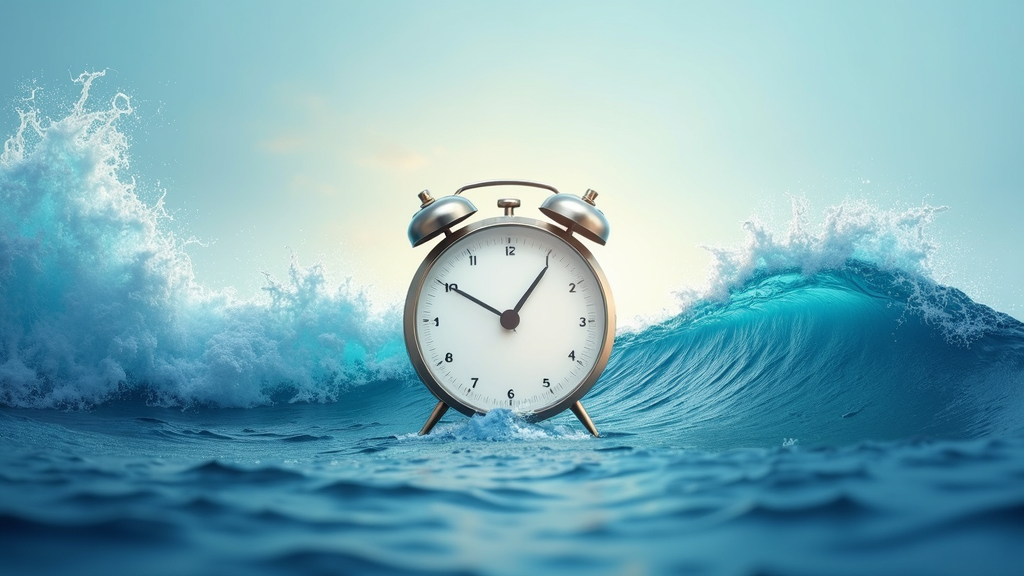 An abstract visualization of calm waves merging with clock elements, symbolizing time, therapy, and stress reduction.